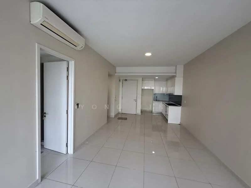 Room features: white painted walls, glossy ceramic tile flooring, recessed downlights, 1 wall-mounted split AC, open layout, kitchen area visible, doorway leading to another room, large window for natural light; style: modern.