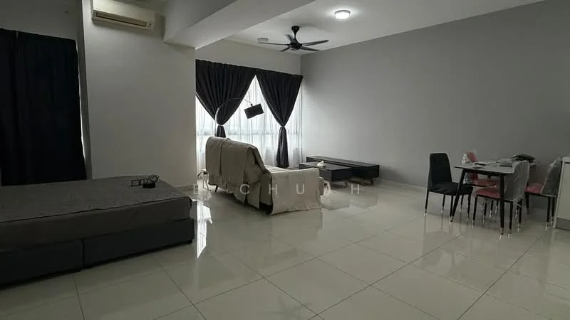 Living features: grey painted walls, white ceiling, recessed downlights, 5-blade ceiling fan, floor-to-ceiling windows, blackout curtains, white sofa, black coffee table, dining table with chairs, tile flooring; style: modern. Bedroom features: queen-size bed, grey bed frame, bedside table, tile flooring; style: modern.