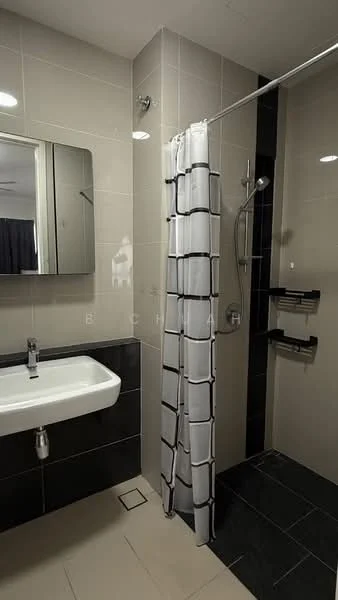 Bathroom features: white wall-mounted sink, chrome basin mixer faucet, full-length mirror, black tiled wall, light grey tiled walls, glass shower enclosure, handheld shower head, shower curtain with black grid pattern, black floor tiles, wall-mounted shower shelf; style: modern.