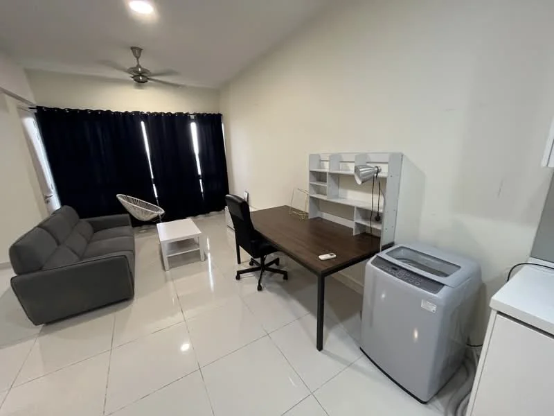 Living features: grey fabric sofa, white coffee table, black office chair, wooden desk, desk lamp, washing machine, white tiled flooring, ceiling fan, black curtains, wall-mounted light, open layout; style: modern.