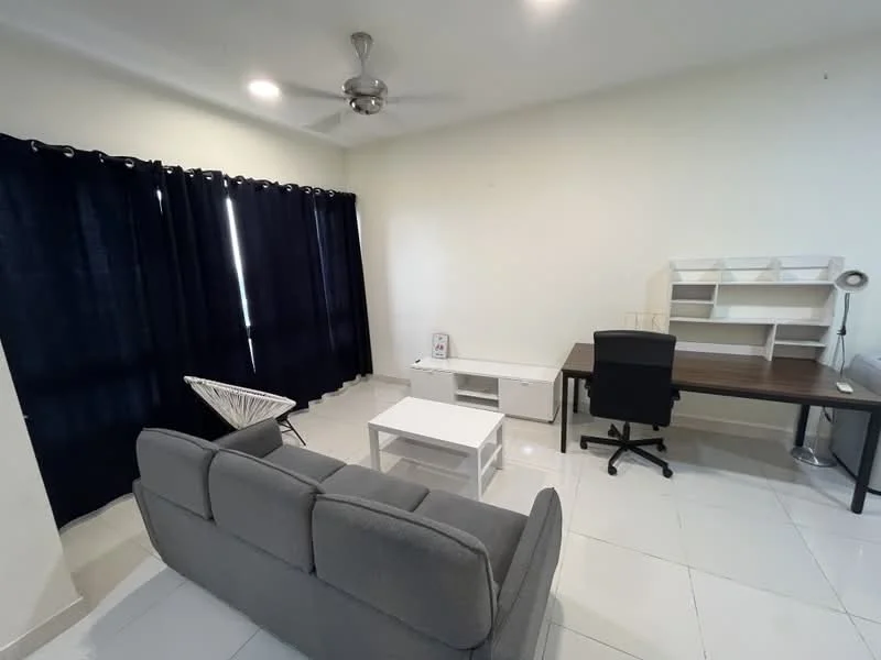 Living features: grey fabric sofa, white coffee table, black office chair, wooden desk, white TV console, ceiling fan, large black curtains, white tiled flooring, wall-mounted shelving unit, decorative lamp; style: modern.