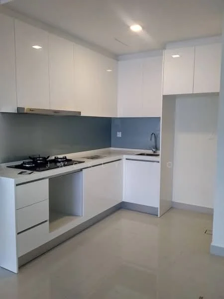 Kitchen features: white cabinetry with flat-panel doors, grey backsplash, white countertop, stainless-steel sink, chrome faucet, built-in gas stove with two burners, under-cabinet lighting, ceramic tile flooring, recessed ceiling lights, open shelving, wall-mounted cabinets, space for refrigerator; style: modern.