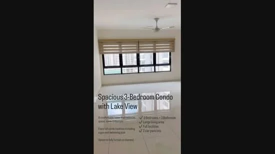 Room features: large windows, lake view, white walls, light-colored flooring, ceiling fan, roller blinds, open space, natural light; style: modern; view: lake.