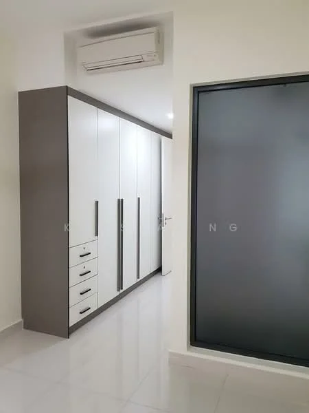 Room features: built-in wardrobe with white and grey cabinetry, multiple drawers, sliding glass door, wall-mounted split AC unit, glossy tile flooring, neutral wall color, recessed lighting; style: modern.