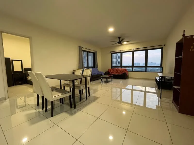 Living features: white painted walls, glossy ceramic tile flooring, 5-blade ceiling fan with light, floor-to-ceiling windows, black sofa, purple sofa, dining table with 4 chairs, wooden TV console, bookshelf, natural light from windows; style: modern; view: city. Room features: white painted walls, glossy ceramic tile flooring, natural light from windows.