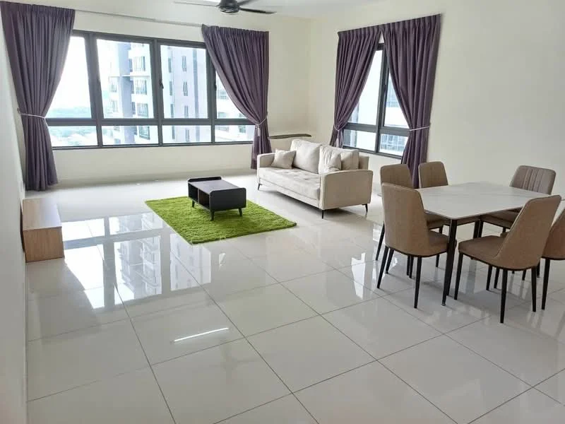 Living features: white painted walls, glossy ceramic tile flooring, 5-blade ceiling fan with light, floor-to-ceiling windows, purple curtains, beige fabric sofa, black coffee table, green area rug, 4-seater dining table with beige chairs, wooden sideboard; style: modern; view: city.