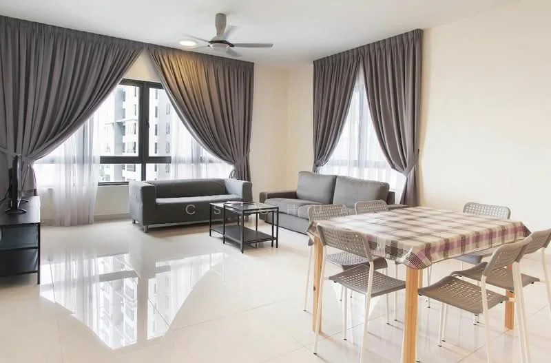 Living features: grey fabric sofa, 2-seater sofa, coffee table, 4-seater dining table, transparent dining chairs, floor-to-ceiling windows, sheer curtains, dark grey curtains, ceiling fan, polished tile flooring, light-colored walls, decorative wall art; style: modern; view: city.