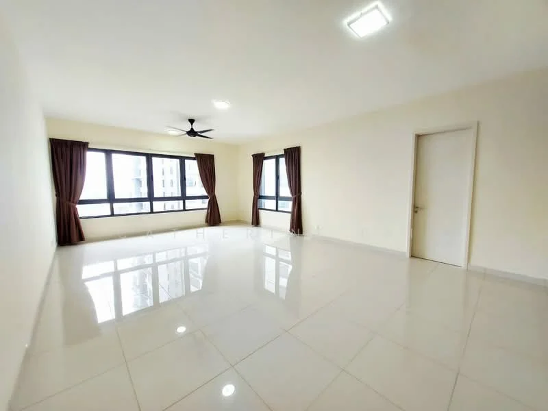 Living features: white painted walls, glossy ceramic tile flooring, 5-blade ceiling fan with light, floor-to-ceiling windows, sheer curtains, dark brown curtains, neutral color scheme, door leading to another room; style: modern; view: city.