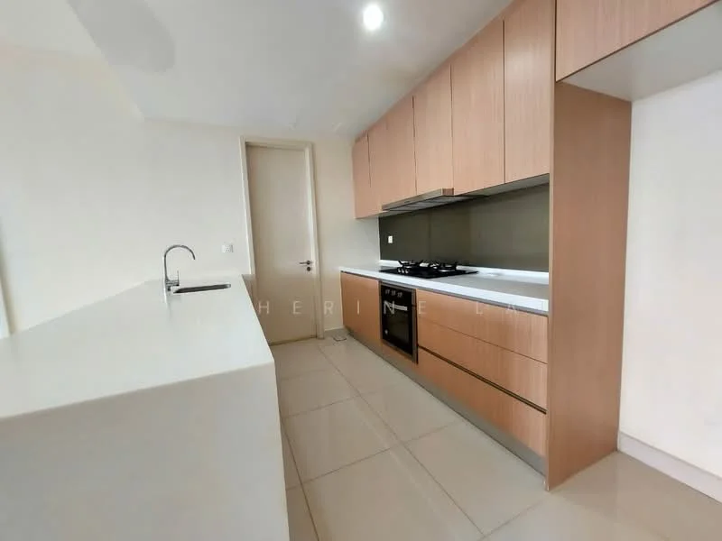 Kitchen features: light wood cabinetry, white countertop, stainless-steel sink, chrome pull-down faucet, built-in gas stove, built-in oven, ceramic tile flooring, neutral painted walls, recessed downlights; style: modern.