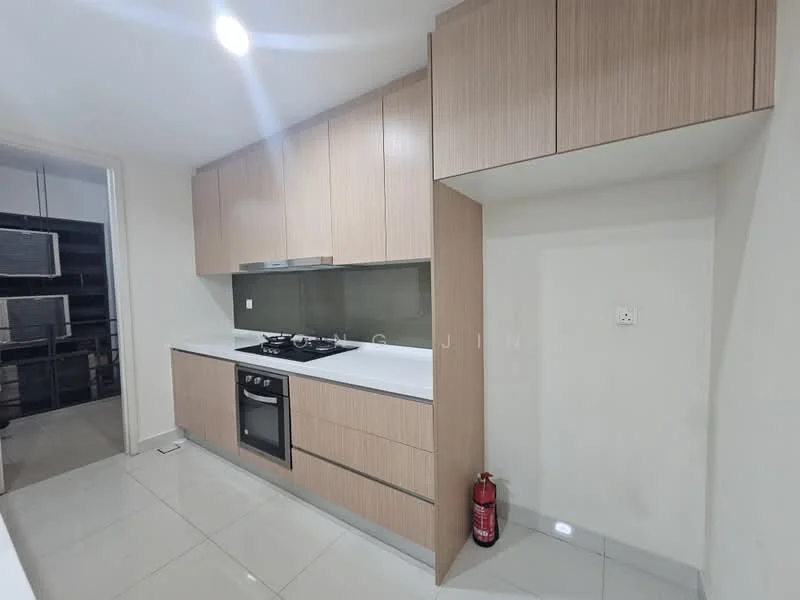Kitchen features: light wood cabinetry, white countertop, glass backsplash, built-in gas stove, built-in oven, stainless-steel sink, single-bowl sink, fire extinguisher, ceramic tile flooring, recessed downlights; style: modern.