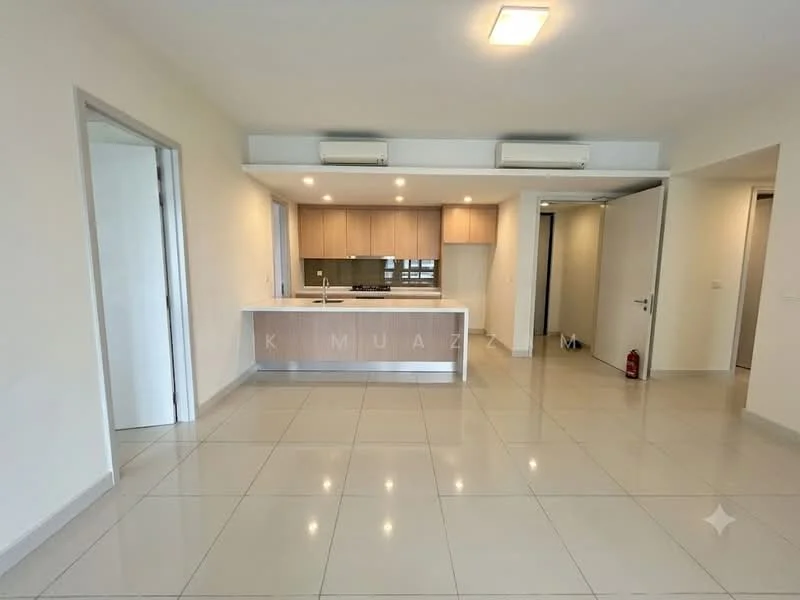 Living features: light grey tiled flooring, white painted walls, recessed downlights, 2 wall-mounted split AC units, open kitchen with breakfast bar, wood cabinetry, stainless-steel sink, built-in oven, fridge space, large windows, doorway leading to other rooms; style: modern.