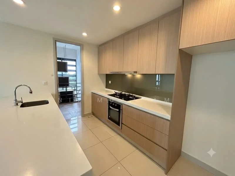 Kitchen features: white quartz countertop, wood cabinetry, stainless-steel sink, chrome pull-down faucet, built-in oven, 4-burner gas hob, glass backsplash, recessed downlights, tile flooring, open shelving, kitchen island, floor-to-ceiling windows, view of dining area; style: modern; view: city.