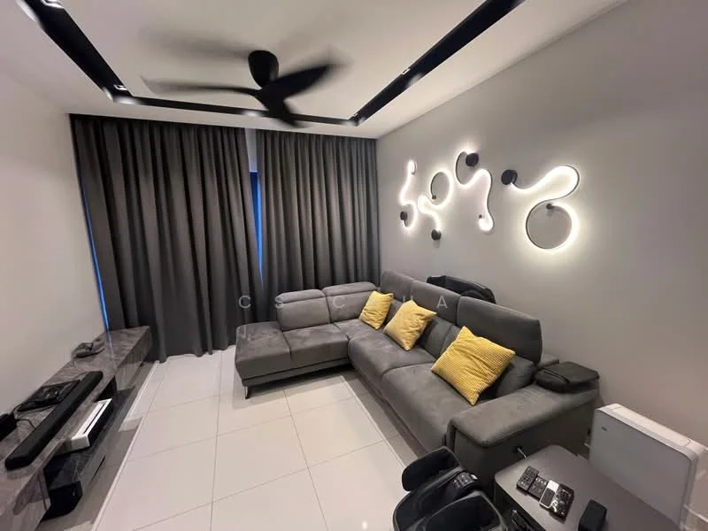 Living features: L-shape sectional sofa in grey, yellow decorative cushions, wall-mounted TV, TV console, white tiled flooring, dark grey curtains, recessed LED downlights, ceiling fan, abstract wall art, decorative wall lighting; style: modern.