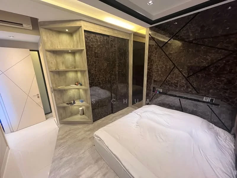 Bedroom features: king-size bed with white bedding, dark marble accent wall, light grey laminate flooring, built-in wardrobe with mirrored doors, shelving unit with wood finish, recessed ceiling lights, wall-mounted bedside controls, air conditioning unit, decorative wall paneling; style: modern.