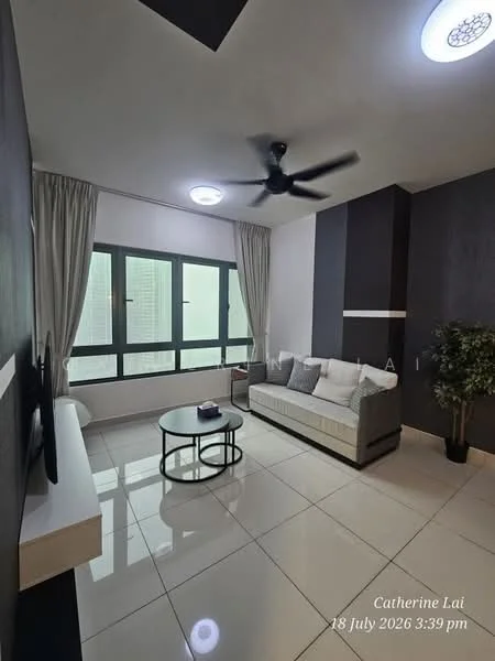 Living features: white painted walls, dark accent wall, glossy tile flooring, 5-blade ceiling fan with light, recessed downlights, floor-to-ceiling windows, sheer curtains, light grey fabric sofa, round coffee table with black base, decorative plant in pot; style: modern; view: city.
