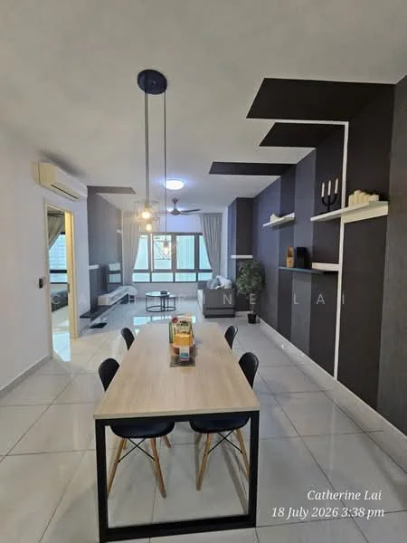Dining features: 6-seater dining table, black dining chairs, pendant light fixture, white walls, dark accent wall, recessed ceiling with geometric design, floor-to-ceiling windows, sliding glass door, air conditioning unit, decorative shelves, wall-mounted TV, light-colored tiled flooring; style: modern; view: city. Living features: sofa, coffee table, TV console, wall-mounted TV, decorative shelves, light-colored tiled flooring; style: modern; view: city.