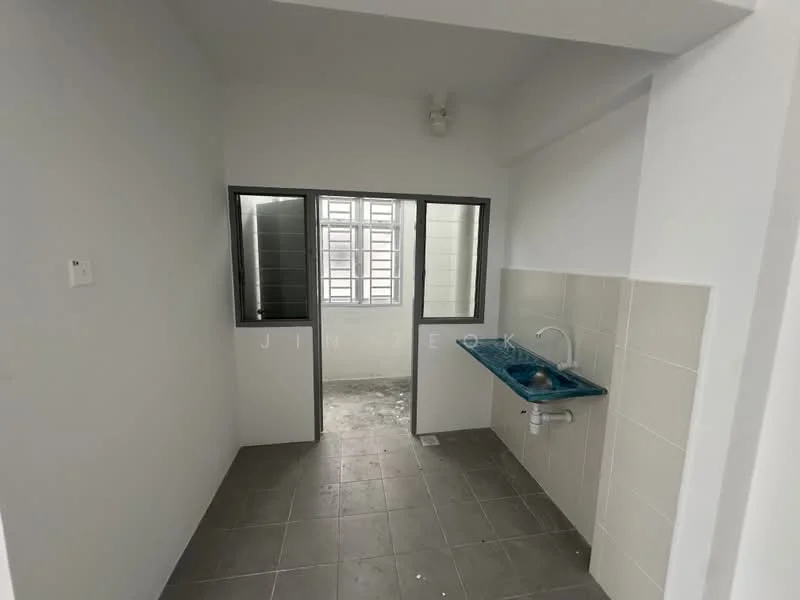 Room features: white painted walls, grey floor tiles, single-bowl stainless-steel sink, chrome faucet, window with grid pattern, unfinished flooring, light fixture on ceiling, countertop with blue surface; style: modern.