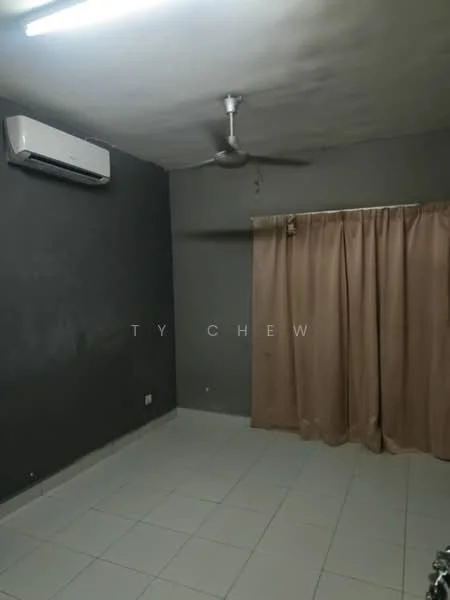 Room features: grey painted walls, white ceiling, wall-mounted split AC, 5-blade ceiling fan, beige curtains, white tiled flooring, power outlet, light fixture; style: minimalist.