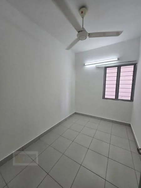 Room features: white painted walls, grey tiled flooring, ceiling fan, two-window setup, LED strip lighting; style: minimalist.