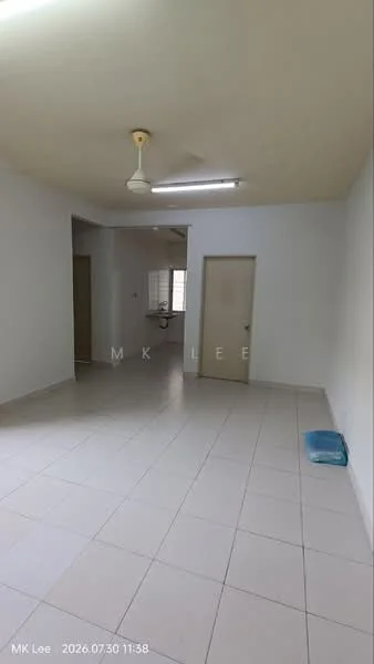 Room features: white painted walls, plain ceiling, ceiling fan, tile flooring, single door, window with natural light, light fixture, open layout; style: minimalist.