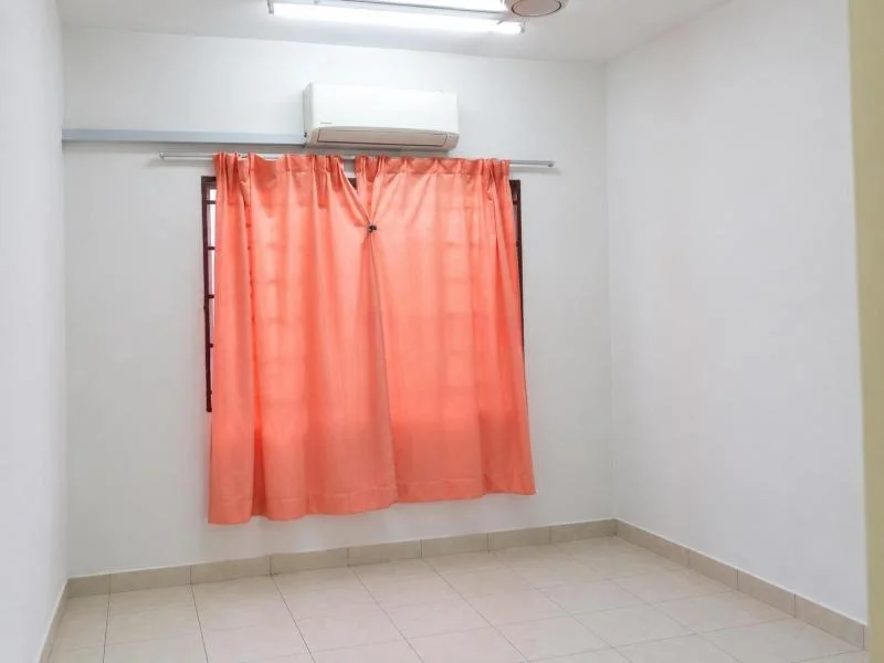 Bedroom features: white painted walls, beige ceramic tile flooring, plain ceiling, fluorescent tube ceiling light, wall-mounted split air conditioner, window with dark wood frame, coral/orange curtains, metal curtain rod, small room size; style: minimalist.