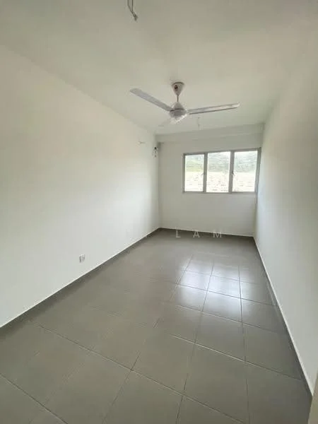 Room features: white painted walls, grey tiled flooring, 3-blade ceiling fan, 3 windows, natural light, no visible furniture, plain ceiling, minimalist decor; style: minimalist; view: garden.