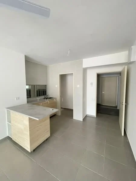 Kitchen features: grey tile flooring, white painted walls, kitchen island with countertop, built-in cabinetry, open layout, recessed lighting, sliding door to hallway, mirror backsplash; style: modern.