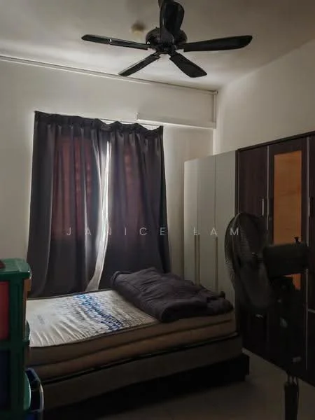 Bedroom features: queen-size bed, dark grey bedding, floor-to-ceiling windows, blackout curtains, ceiling fan, built-in wardrobe with sliding doors, light-colored walls, tile flooring, decorative fan, bedside table.
