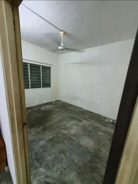 Room features: grey concrete flooring, white painted walls, ceiling fan, sliding windows with metal frames.