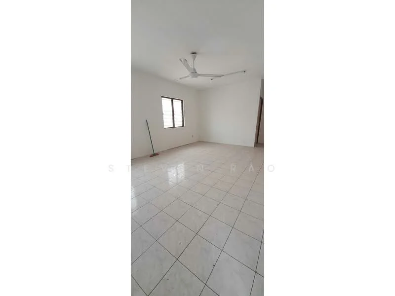 Room features: white painted walls, glossy ceramic tile flooring, 5-blade ceiling fan, single window, clean and empty space; style: minimalist.