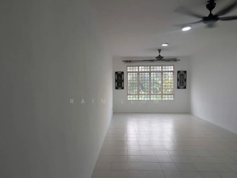 Room features: white painted walls, tile flooring, ceiling with recessed downlights, 2-blade ceiling fan, large windows with grid pattern, curtains, neutral color scheme; style: modern; view: garden.