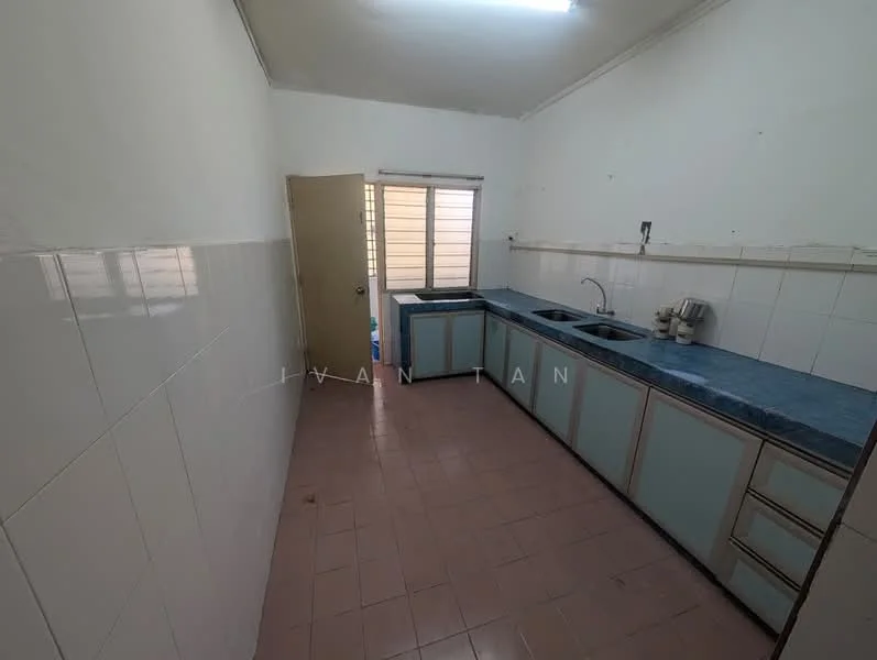Kitchen features: blue laminate cabinetry, grey countertop, double-bowl stainless-steel sink, chrome pull-down faucet, wall-mounted window, tile backsplash, white tiled walls, pink tiled flooring, door leading to outside.