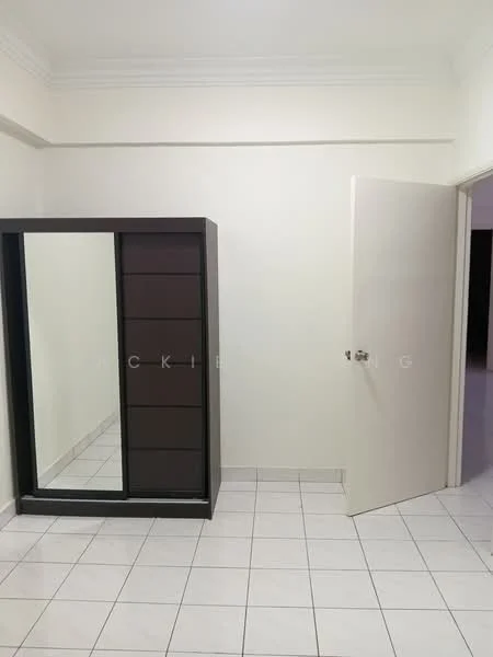 Room features: white painted walls, tile flooring, full-length mirror wardrobe, single door, neutral color scheme.