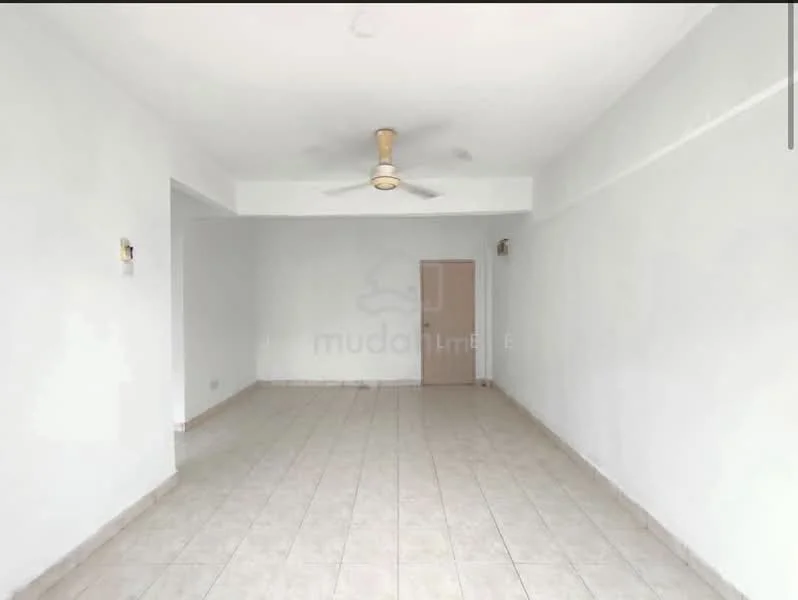 Room features: white painted walls, tile flooring, ceiling fan, single door, neutral color scheme, no visible furniture, large open space, natural light from windows; style: minimalist.