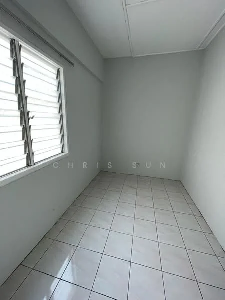 Room features: white painted walls, glazed tile flooring, sliding windows with horizontal slats, natural light from window, plain ceiling, no visible fixtures or furniture; style: minimalist.
