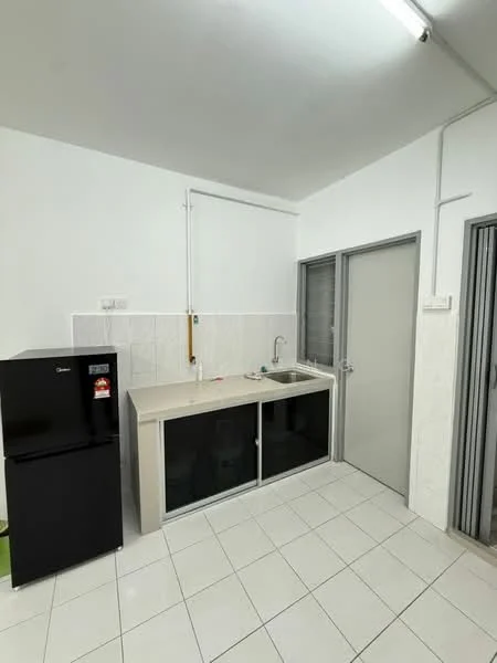 Kitchen features: white tiled walls, white tiled flooring, single-bowl stainless-steel sink, chrome pull-down faucet, countertop with storage cabinets below, black fridge, glass-front cabinet doors, door leading to utility area; style: modern.
