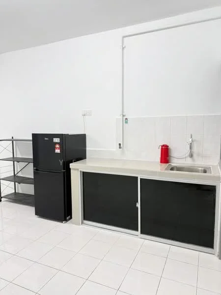 Kitchen features: white painted walls, glossy white tile flooring, black refrigerator, single-bowl stainless-steel sink, chrome faucet, light-colored countertop, black cabinetry with glass doors, open shelving unit; style: modern.