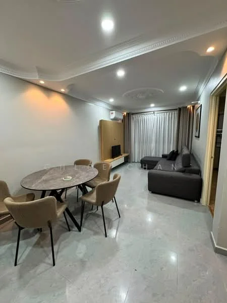 Living features: grey fabric sofa, round dining table, 6 upholstered dining chairs, marble flooring, recessed downlights, TV console, wall-mounted TV, curtains, decorative ceiling rose, wall with light grey paint; style: modern.