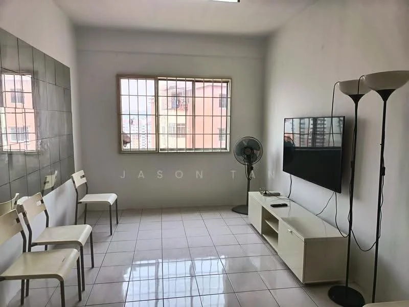 Living features: white painted walls, glossy white tile flooring, large window with grid pattern, floor-mounted fan, wall-mounted TV, white TV console, two white chairs, two additional chairs, LED ceiling light; style: modern; view: city.
