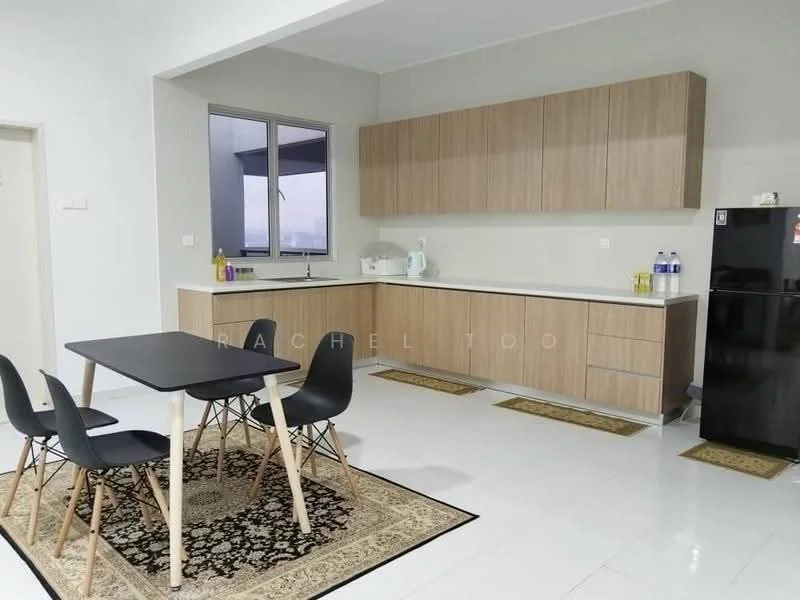 Kitchen features: white painted walls, glossy white tile flooring, light wood cabinetry, black dining table, four black dining chairs, stainless-steel sink, chrome faucet, built-in countertop, refrigerator, window with city view, decorative area rug; style: modern; view: city.