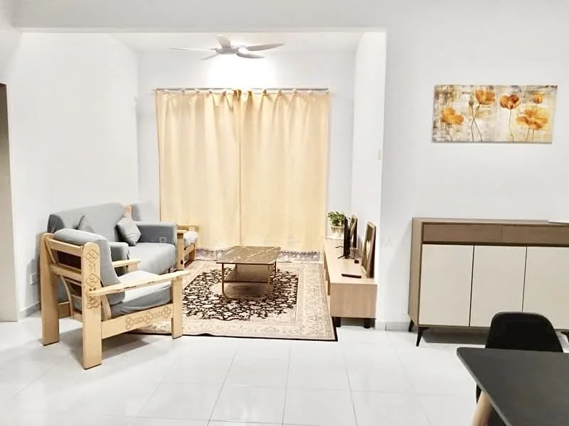 Living features: 3-seater fabric sofa in light grey, wooden armchair with decorative carvings, glass coffee table, area rug with intricate pattern, wall-mounted TV, TV console with storage, curtains in beige, ceiling fan with light, decorative wall art with floral design, white painted walls, glossy tile flooring; style: modern.