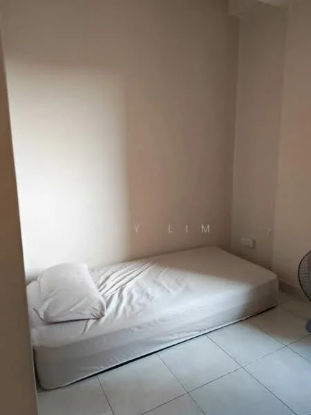 Bedroom features: single bed mattress, light-colored bed frame, plain white bedding, cream painted walls, tile flooring, wall-mounted electrical outlet, ceiling fan, no visible decor; style: minimalist.