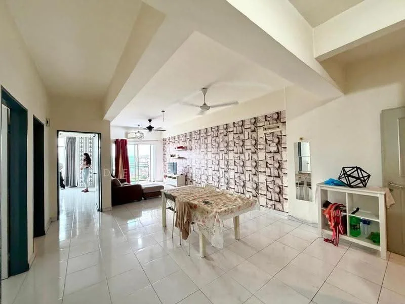 Dining features: white tiled flooring, exposed beams ceiling, 5-blade ceiling fan, dining table with tablecloth, upholstered dining chairs, decorative wall with stone pattern, open layout to living area, large windows with natural light; style: modern; view: city. Living features: white tiled flooring, sofa, TV console, large windows, curtains, decorative items on shelves; style: modern; view: city. Room features: doorway leading to another room, light-colored walls.