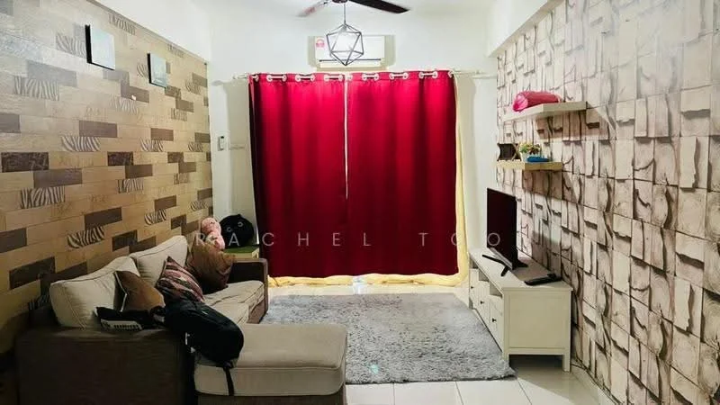 Living features: beige fabric sofa, grey area rug, wall-mounted TV, white TV console, wood panel accent wall, textured stone accent wall, red curtains, ceiling fan with light, decorative light fixture; style: modern.