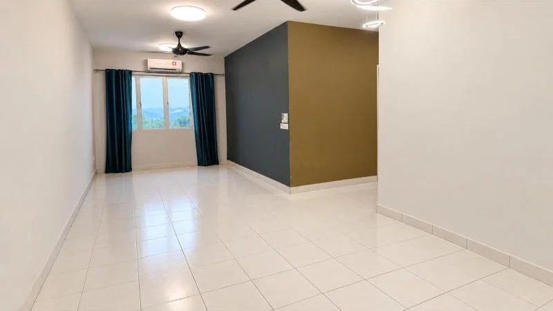 Living features: white painted walls, white ceramic tile flooring, recessed ceiling lights, black ceiling fan, sliding window, teal blackout curtains, wall-mounted air conditioner, dark grey accent wall, olive green partition wall, open-plan layout, large empty floor area, baseboard skirting, natural light from window, distant mountain view through window; style: modern; view: mountain.