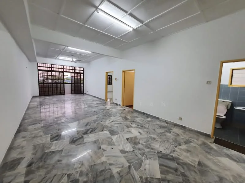 Room features: marble flooring, white painted walls, dropped ceiling, large windows, doorway leading to bathroom, doorway leading to another room, open layout, natural light; style: modern.