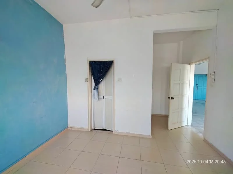 Room features: light blue painted wall, white painted walls, tile flooring, white door, curtains on door, ceiling fan, doorway leading to another room.