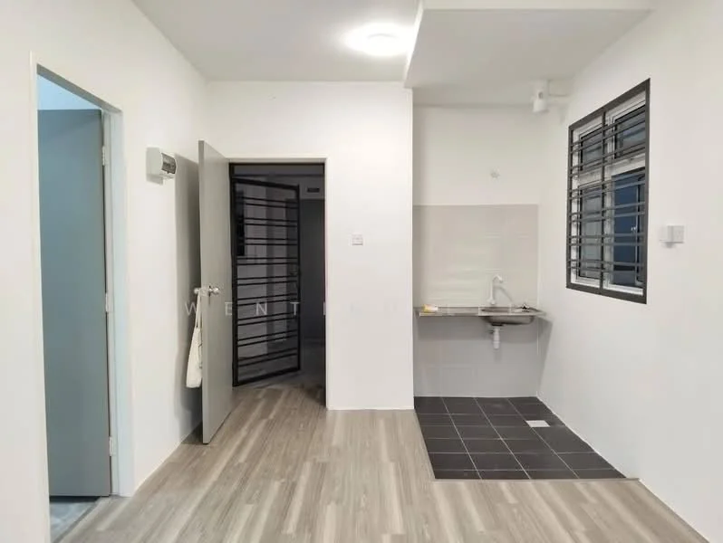 Room features: white painted walls, light wood laminate flooring, single-bowl stainless-steel sink, chrome pull-down faucet, grey tiled flooring in kitchen area, window with black metal grille, recessed ceiling light, open layout, corner wall for potential cabinetry; style: modern.