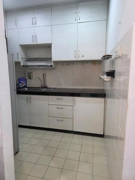 Kitchen features: white cabinetry with upper and lower storage, black countertop, single-bowl stainless-steel sink, chrome pull-down faucet, built-in dish rack above sink, ceramic tile flooring, white tiled backsplash, refrigerator, wall-mounted kitchen accessories; style: modern.
