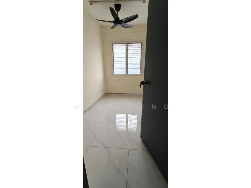Room features: white painted walls, marble tile flooring, ceiling fan, window with horizontal slats, door with knob.